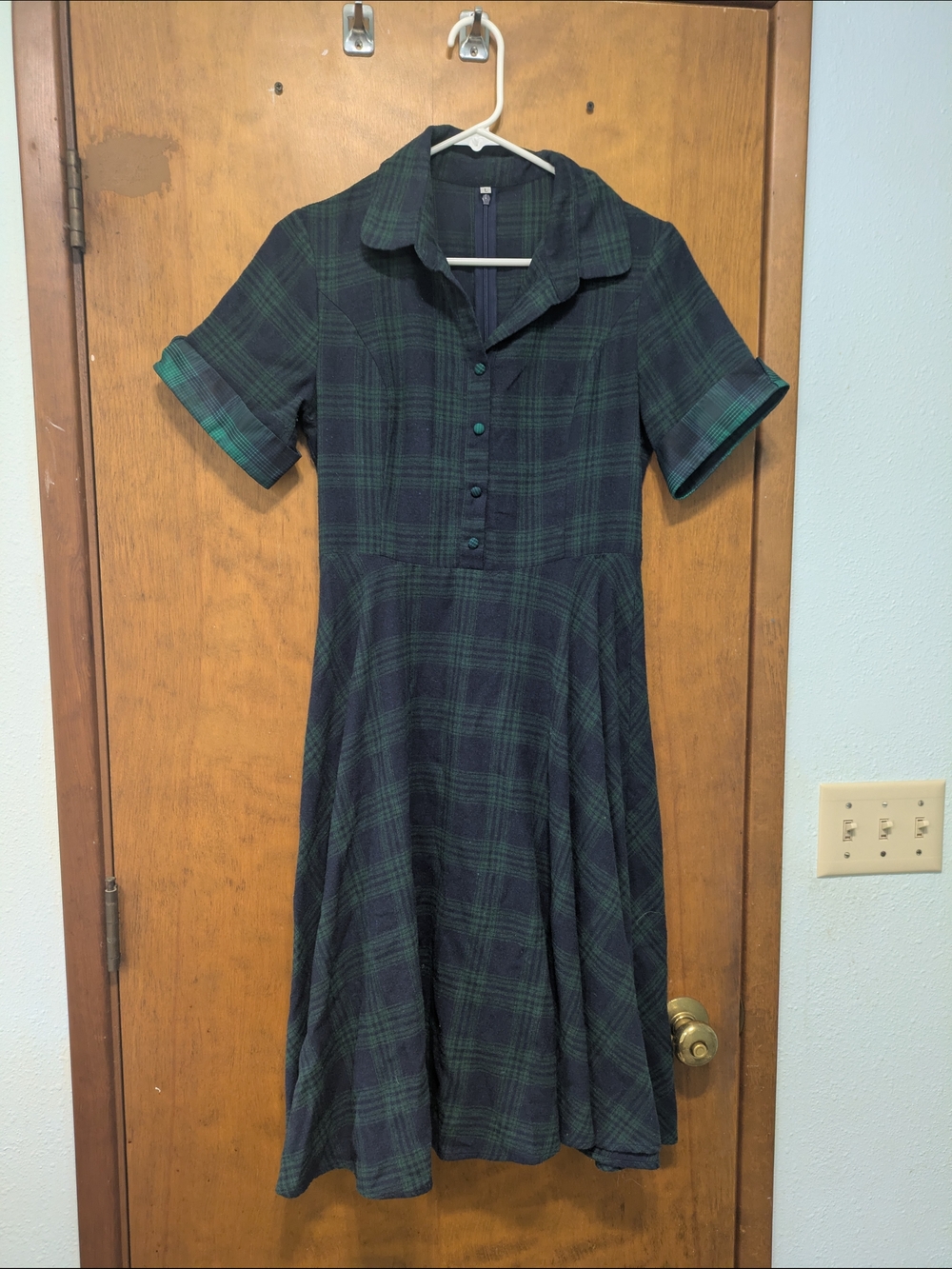 Dark Academia Navy and Forest Green Plaid Fit-and-Flare Shirt Dress